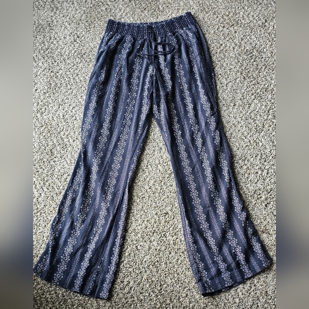 Rewash Navy and White Printed Drawstring Wide-Leg Pants